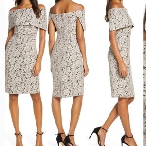 NWT! Vince Camuto Off-Shoulder Lace Midi Dress in Cream and Black